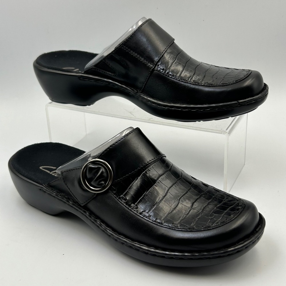 Clarks Cicely Mules Womens 8 Black Croc Embossed Leather Buckle Clogs Comfort